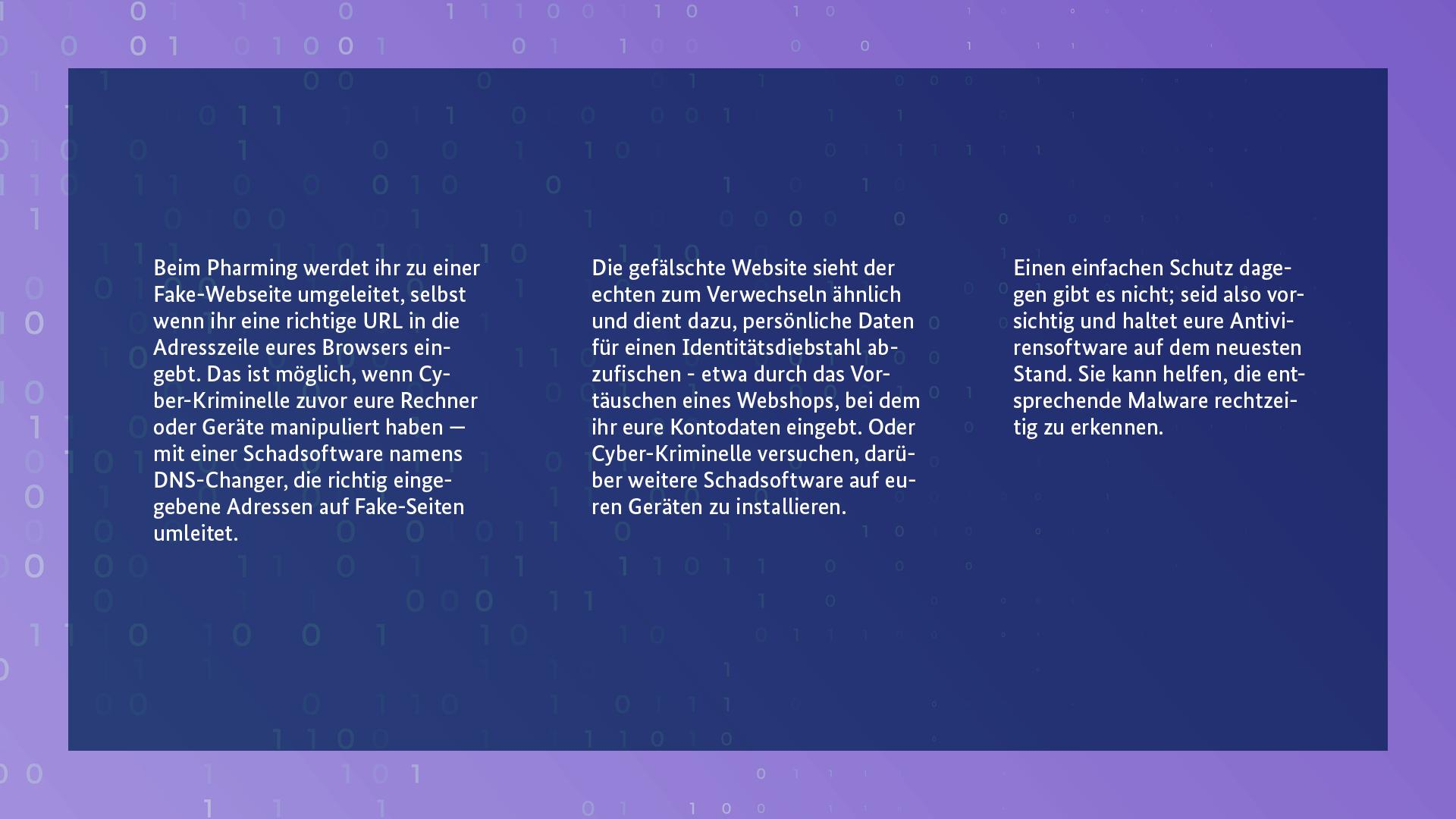Beim Pharming werdet ihr zu einer Fake-Webseite umgeleitet, selbst wenn ihr eine richtige URL in die Adresszeile eures Browser eingebt. Das ist möglich, wenn Cyber-Kriminelle zuvor eure Rechner oder Geräte manipuliert haben - mit einer Schaftsoftware namens DNS-Changer, die richtig eingegebene Adressen auf Fake-Seiten umleitet.

Die gefälschte Website sieht der echten zum Verwechseln ähnlich und dient dazu, persönliche Daten für einen Identitätsdiebstahl abzufischen - etwa durch das Vortäuschen eines Webshops, bei dem ihr eure Kontodaten eingebt. Oder Cyberkriminelle versuchen, darüber weitere Schadsoftware auf euren Geräten zu installieren.

Einen einfachen Schutz dagegen gibt es nicht, seid also vorsichtig und haltet eure Antivirensoftware auf dem neuesten Stand. Sie kann helfen, die entsprechende Malware rechtzeitig zu erkennen.