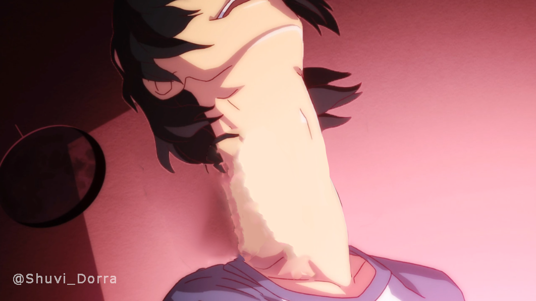 A still shot depicting Araragi doing an intense Shaft-style head tilt, except it has been edited to extended his neck to a freakishly abnormal length