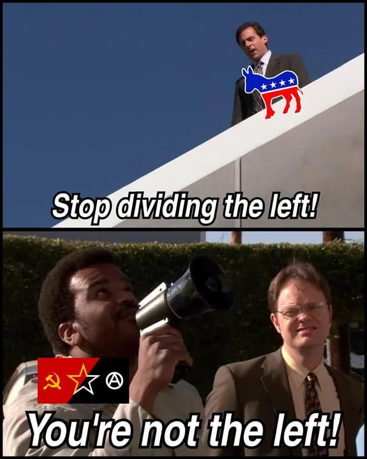 Top panel shows Michael Scott (from The Office) standing on a rooftop with Democrat logo in front of him, yelling "Stop dividing the left!"; Second panel shows Darryl Philbin and Dwight Schrute with a megaphone, saying "You're not the left!" 