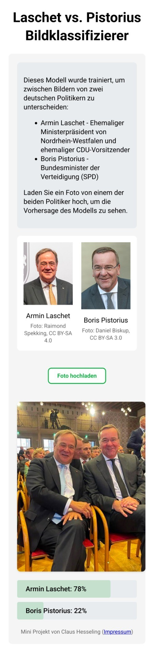 Screenshot vom Laschet vs. Pistorius Bildklassifizierer. Das hochgeladene Bild, welches Laschet und Pistorius nebeneinander sitzend zeigt, wurde als 78% Laschet klassifiziert.