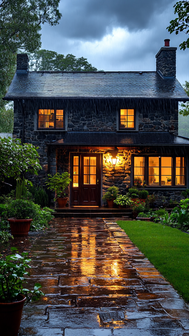 A two-story stone cottage during a twilight rainstorm. Rain cascades down steadily, creating glistening reflections of the home's warm golden lights on the stone pathway leading to the entrance. The cottage features a slate roof, multiple paned windows, and stone chimneys at either end. The yard is decorated with manicured grass borders, potted plants on the small a front porch surrounding the entrance. Dark storm clouds hang overhead, contrasting the home's interior lighting. 
