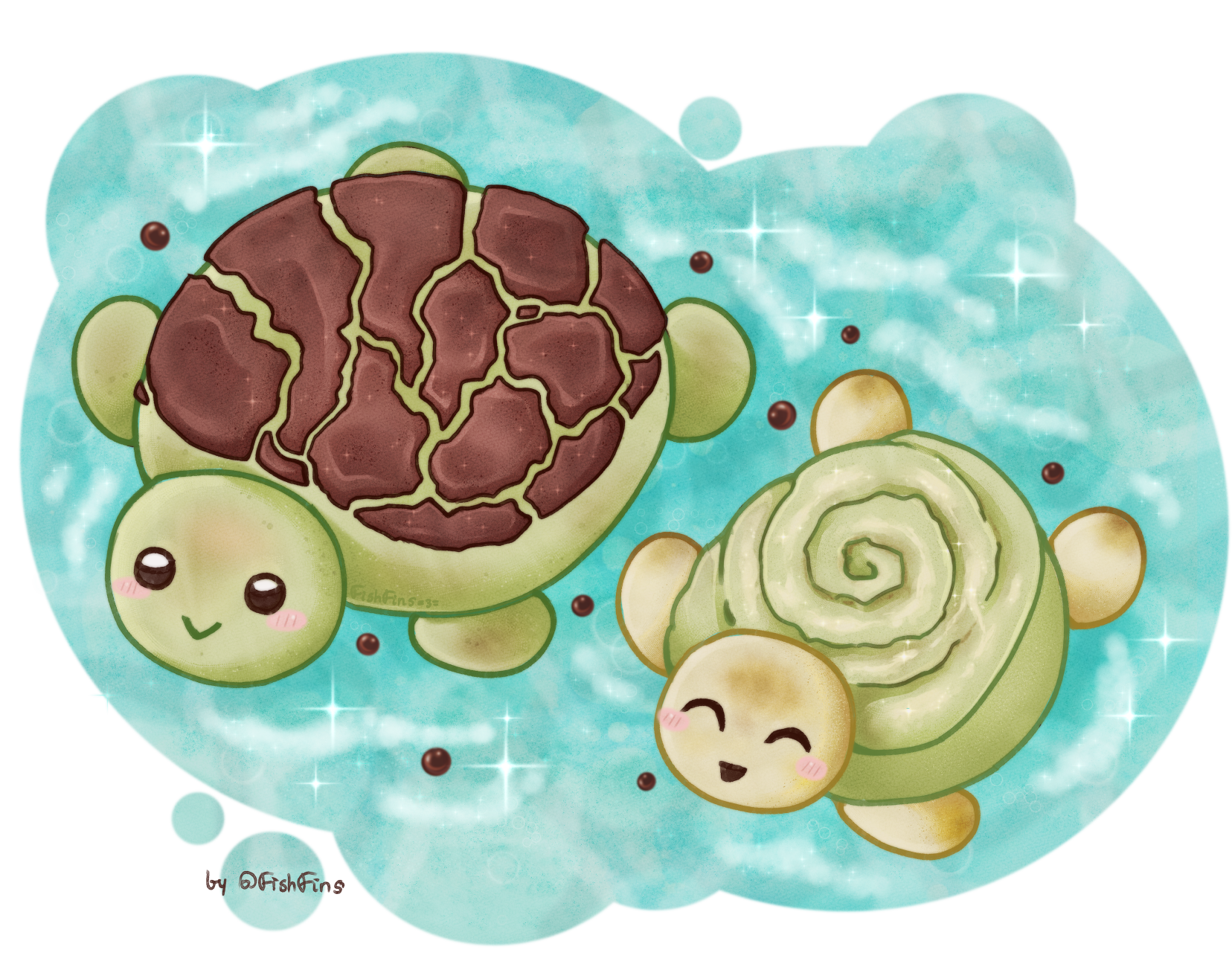 Two round bread bun turtles swimming in boba waters. First bigger one on the left is a matcha concha inspired turtle with chocolate crinkles, second smaller one on the right is a toasted bun with a matcha swirl and some glaze.