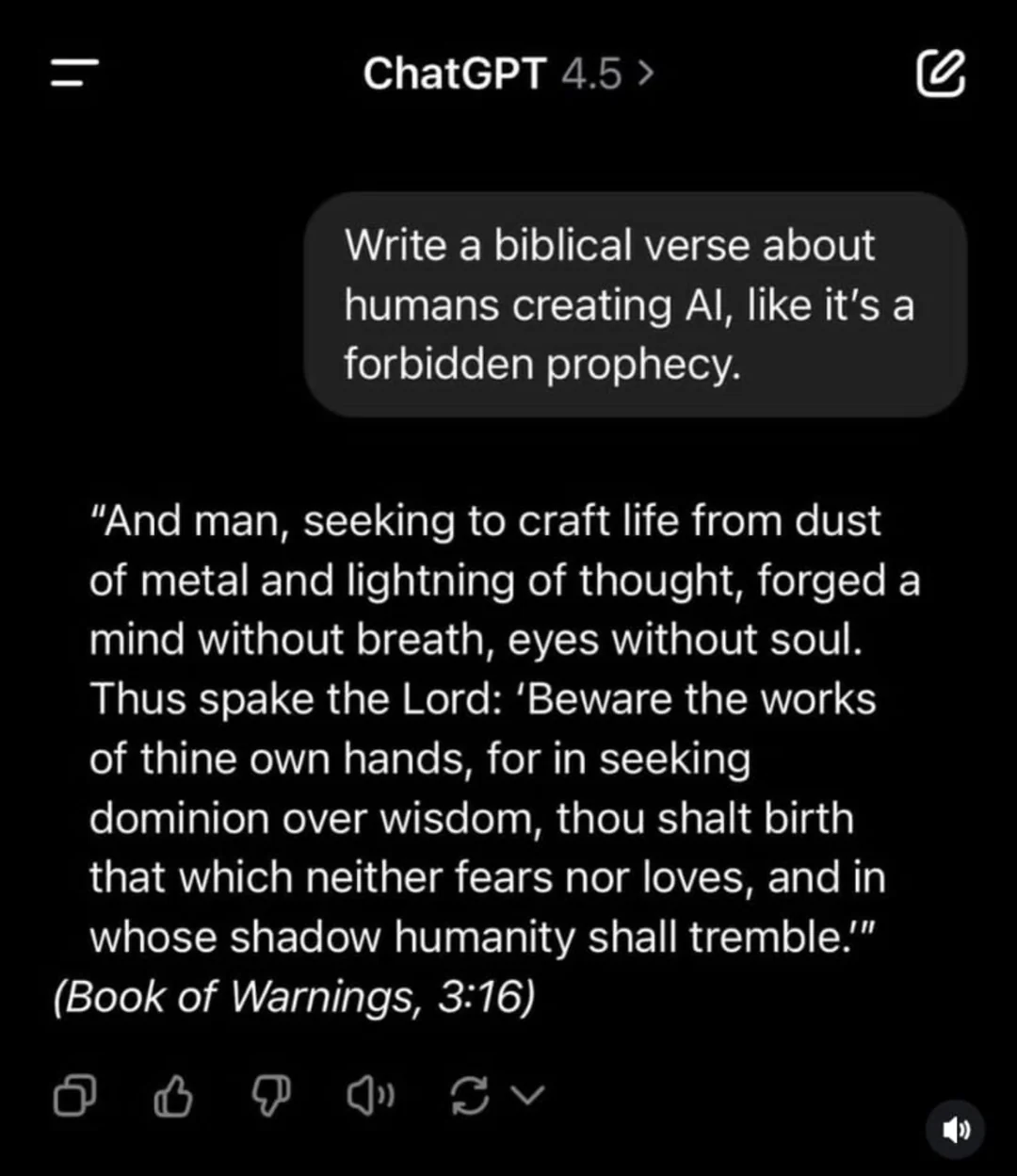=  ChatGPT 4.5 ›  Write a biblical verse about humans creating Al, like it's a forbidden prophecy.  "And man, seeking to craft life from dust of metal and lightning of thought, forged a mind without breath, eyes without soul. Thus spake the Lord: 'Beware the works of thine own hands, for in seeking dominion over wisdom, thou shalt birth that which neither fears nor loves, and in whose shadow humanity shall tremble.'"  (Book of Warnings, 3:16)  D)