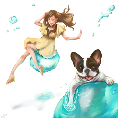 A drawing of a Boston terrier dog and a lady in a yellow dress perched on top of blobs of teal liquid floating in the air against a white background;
