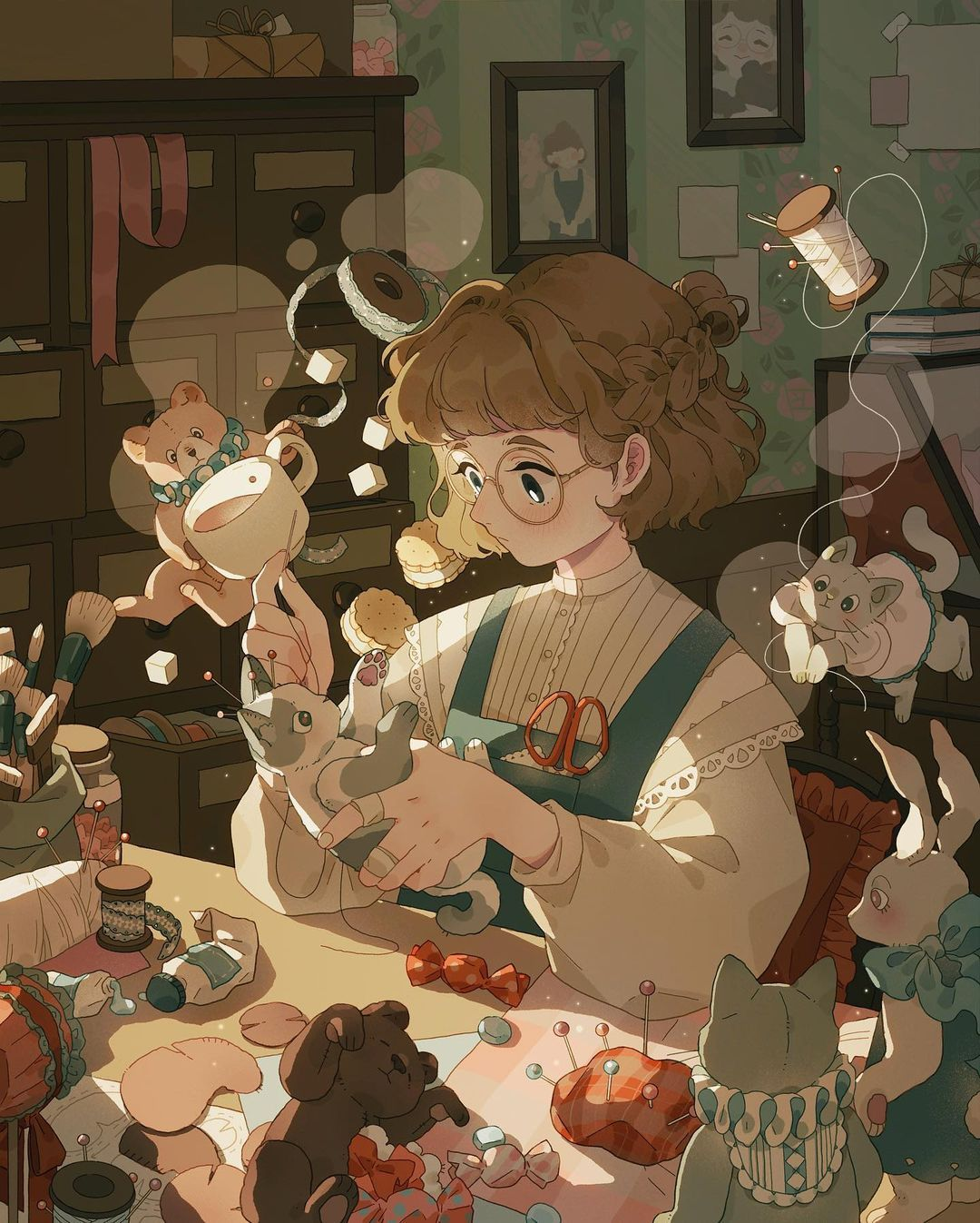 a drawing of a seamstress at her desk repairing a plushie cat with a needle, thread, and pins; other plushie animals are alive and watching the repairs; near the seamstress, there are snacks and sewing supplies magically floating around, and a couple other plushie animals are also floating, holding onto a tea cup and a spool of thread