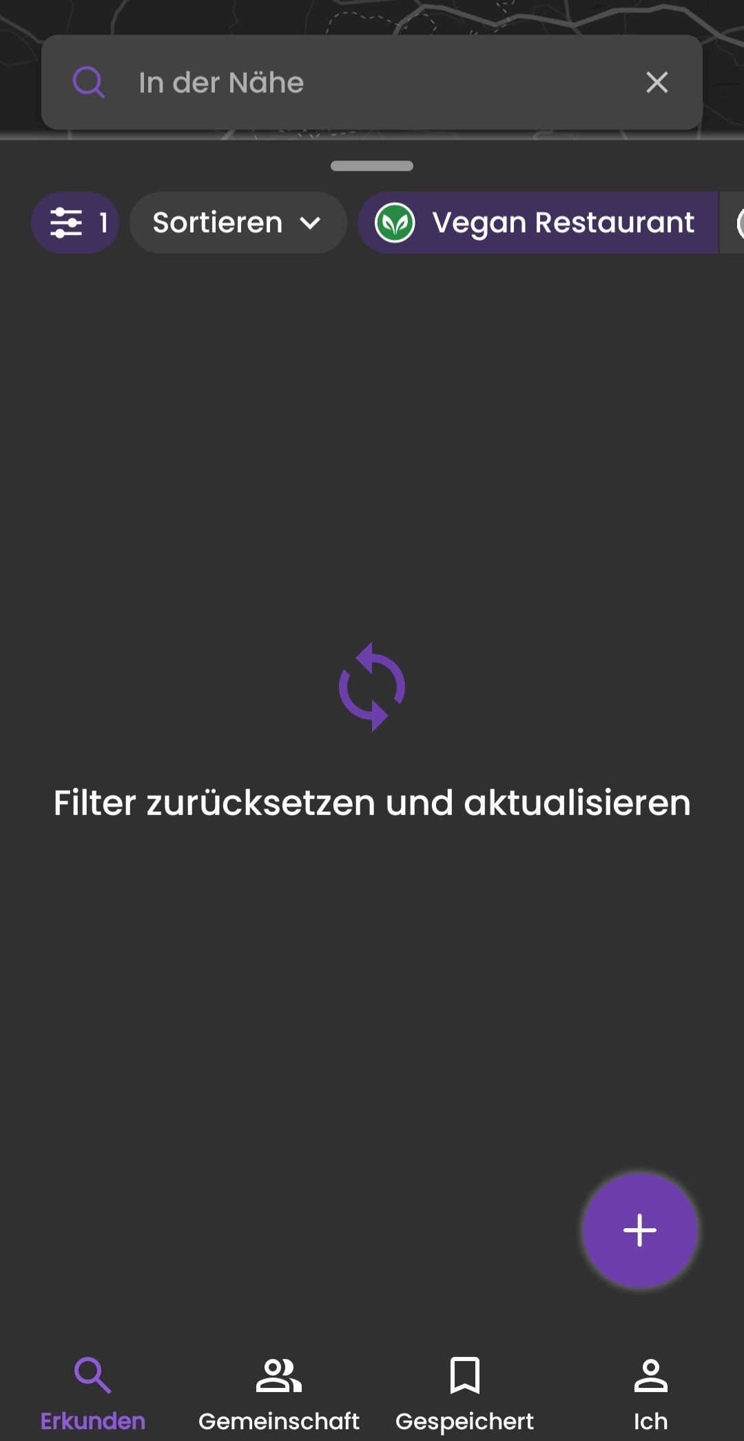 Screenshot der App "HappyCow" zum Auffinden vegan-freundlicher Restaurants. Der Filter "rein vegane Restaurants" liefert keine Ergebnisse in der Nähe.