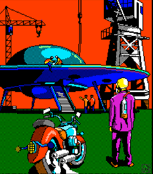 A Skeleton in a suit standing next to a running motorcycle, watching two others working on top of a UFO,