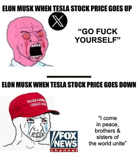 Elon when TSLA price goes up: "GO FUCK YOURSELF"  Elon when price goes down: "I come in peace, brothers and sisters of the world unite."