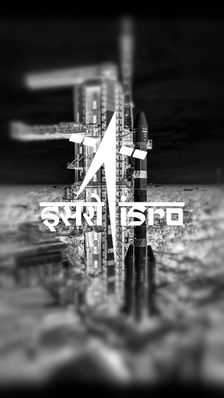 Wallpaper showcasing ISRO logo and rocket in Background