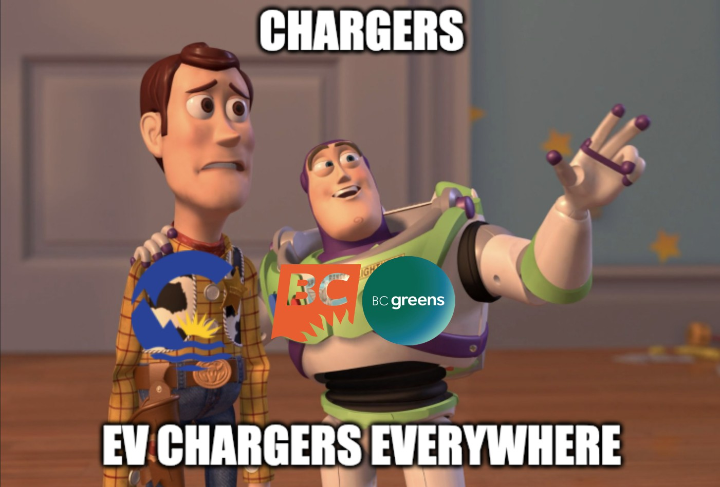Buzz Lightgear "BC NDP & BC Greens" says "Chargers" "EV Chargers Everywhere" to Woody Displeased "BC Conservatives"