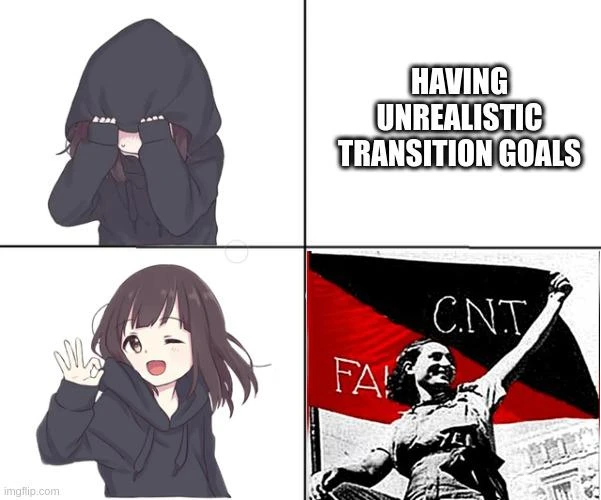 Drake Anime girl meme. First row: Girl with hoodie pulled over her face - "HAVING UNREALISTIC TRANSITION GOALS" Second row: Girl smiling happily & making OK sign with her hand - Image from the Spanish Civil War of an anarchist woman smiling and holding up a CNT flag.