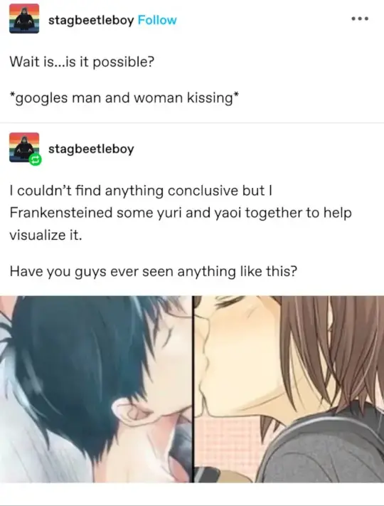 Tumblr post by stagbeetleboy: "Wait is… is it possible? *googles man and woman kissing*". They follow this up with: "I couldn't find anything conclusive but I Frankensteined some yuri and yaoi together to help visualise it. Have you guys ever seen anything like this?" Followed by an image of two mange panels, one of a man kissing and the other a woman kissing, awkwardly positioned together to look like they're kissing each other.