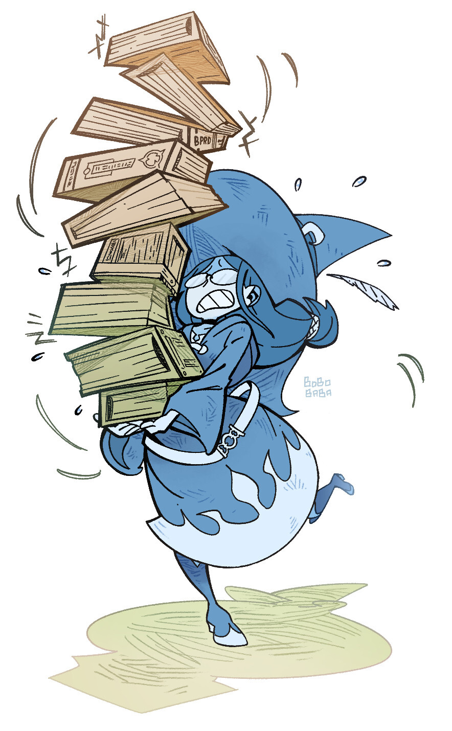 A nervous woman wearing a dress and pointy hat, large round glasses obscuring her eyes and a grimace on her face. She is holding a huge pile of books that's toppling down, misstepping and seems to be about to crash on the floor 