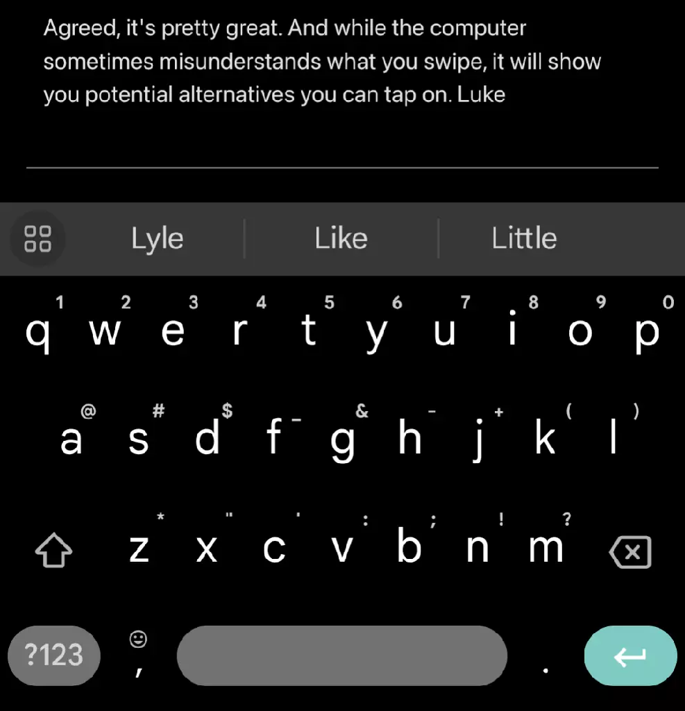 example of swipe keyboard showing alternative words