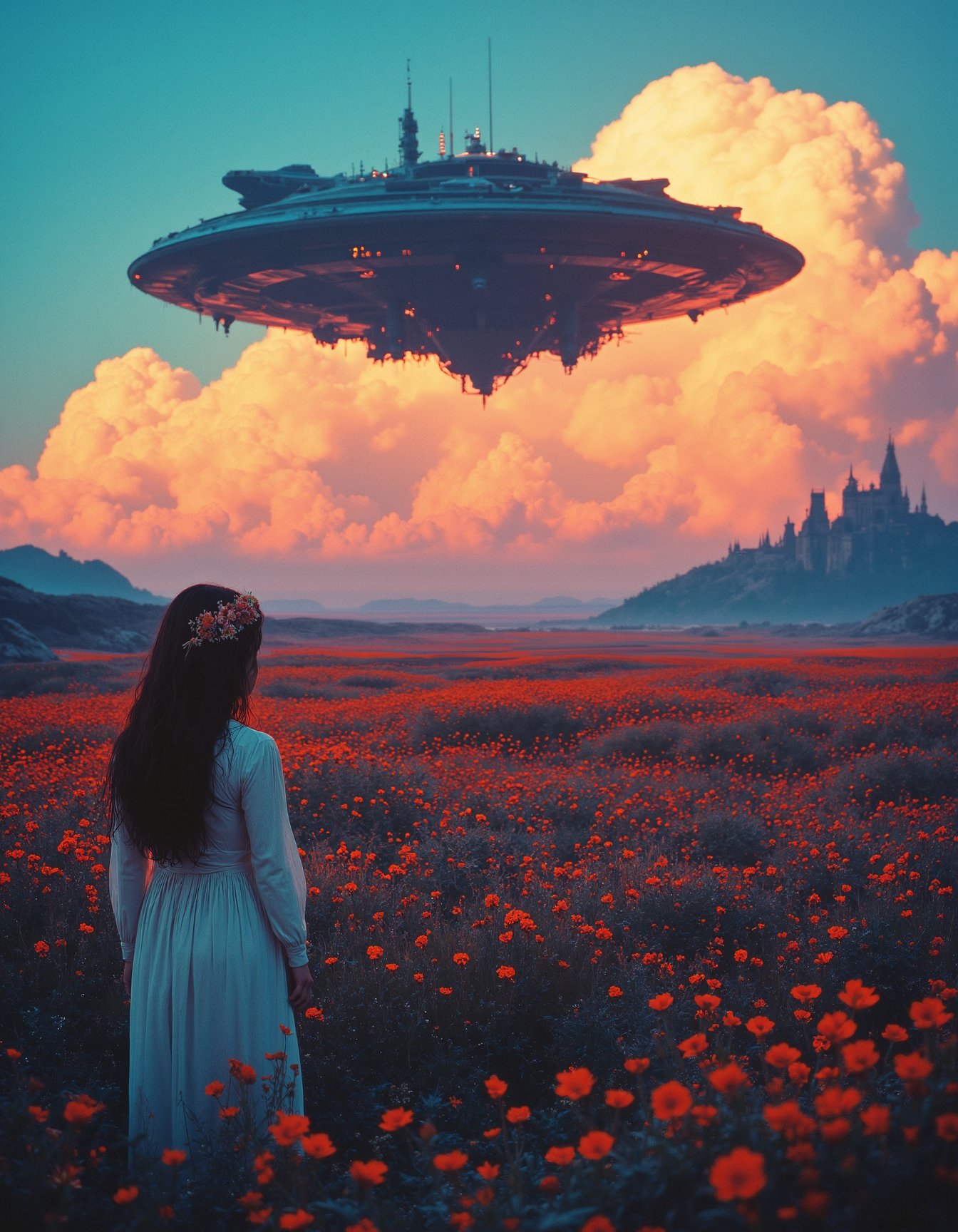 A large spaceship hovers above a vast field of red poppies. In the foreground, a woman with long dark hair, wearing a white dress adorned with a floral crown, stands with their back to the viewer, gazing at the spaceship. The sky is filled with dramatic clouds tinged with shades of sunset pink and orange. In the distance, a castle is visible on a hill, adding a fantastical element to the scene. 