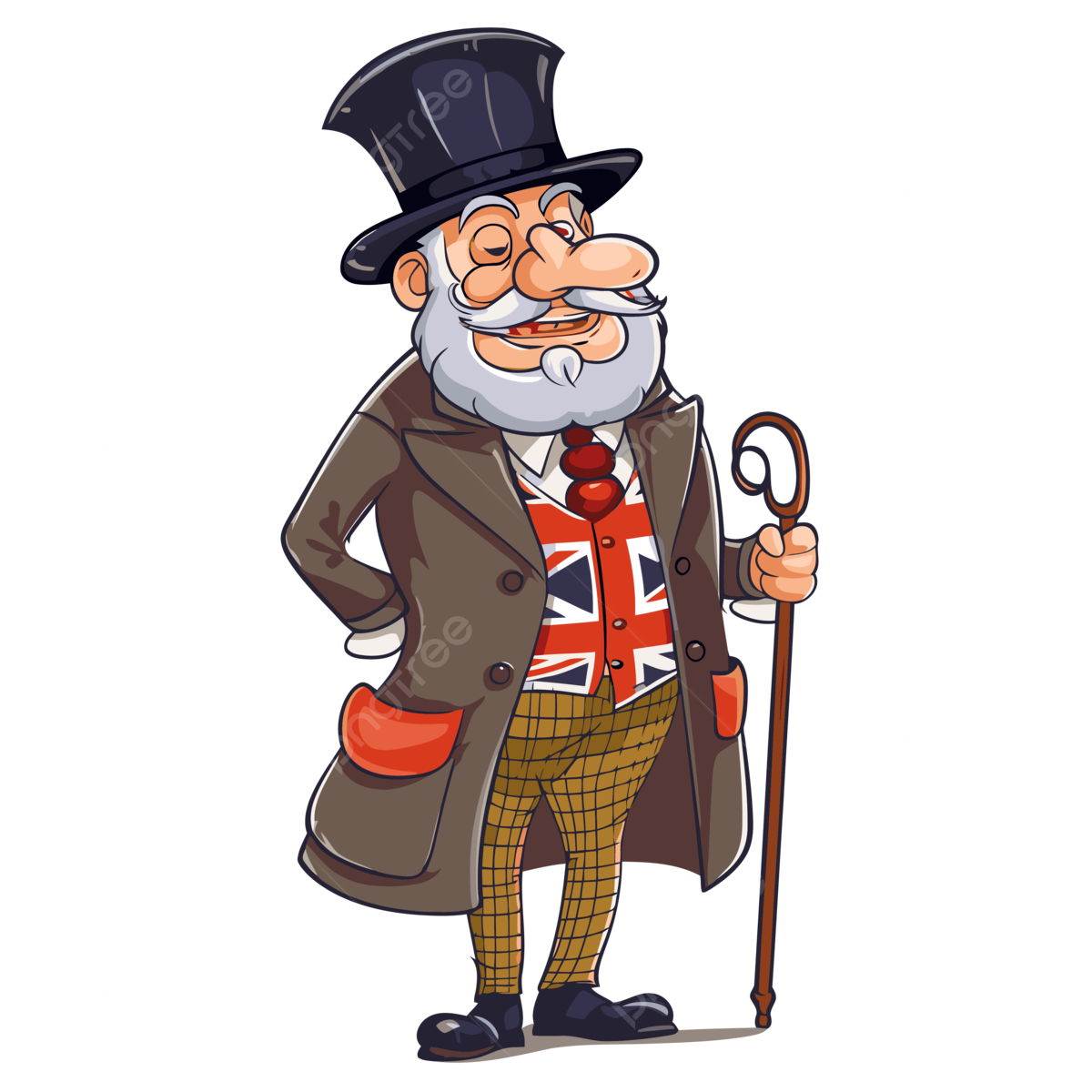 An old man with a beard, top hat, and shirt with the flag of the UK