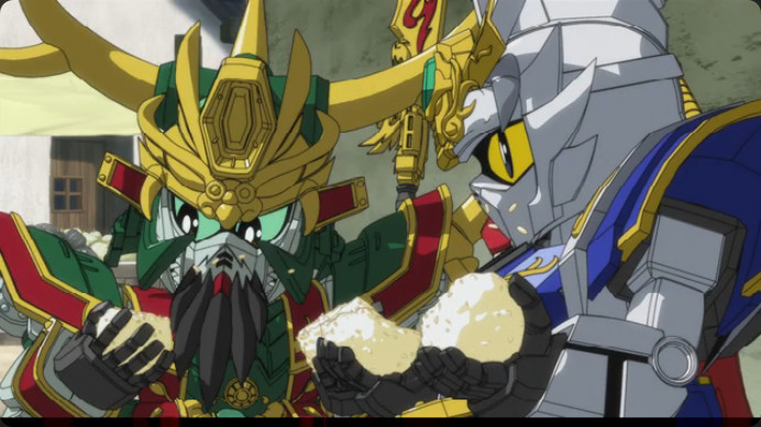 Gundams eating rice and getting it all over their faces. One of them has a long beard.