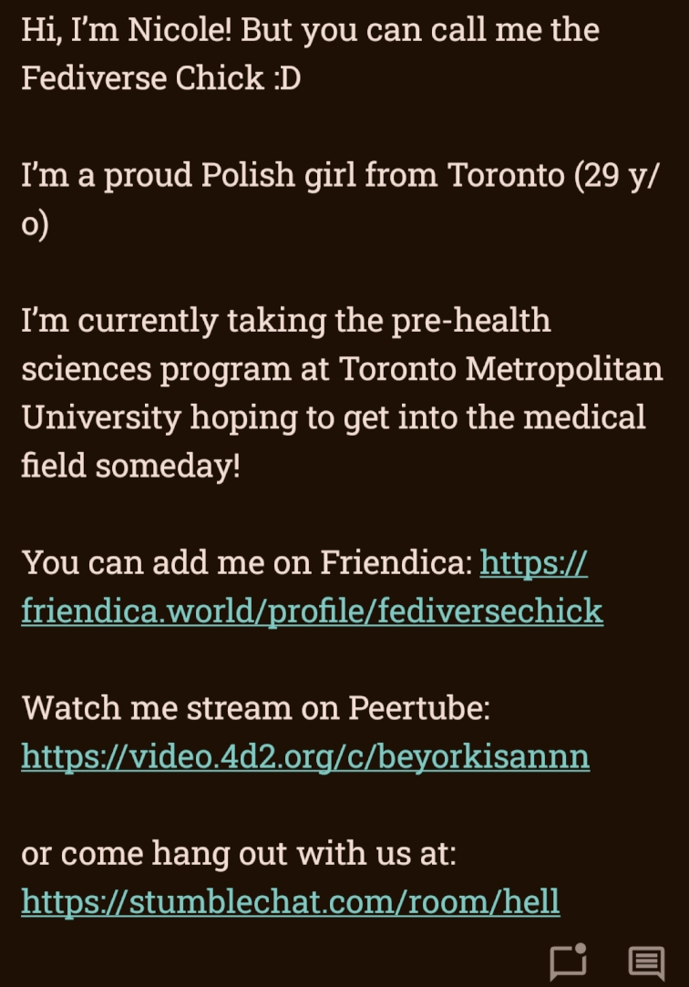 captura de tela mostrando uma mensagem de uma pessoa supostamente chamada Nicole, que se diz ser uma garota polonesa de Toronto, com 29 anos de idade, que quer entrar no campo da medicina algum dia. Ela também dá alguns links de outros lugares onde ela pode ser emcontrada.