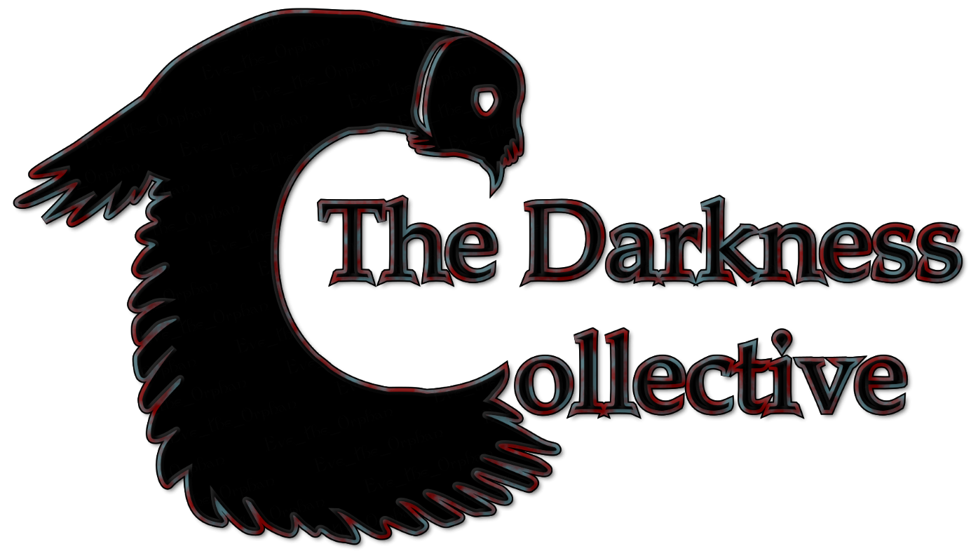 Text "The Darkness Collective" black fill with red & blue blotchy outline. The capital "C" in Collective is combined with the silhouette of an owl flapping its wings downward.