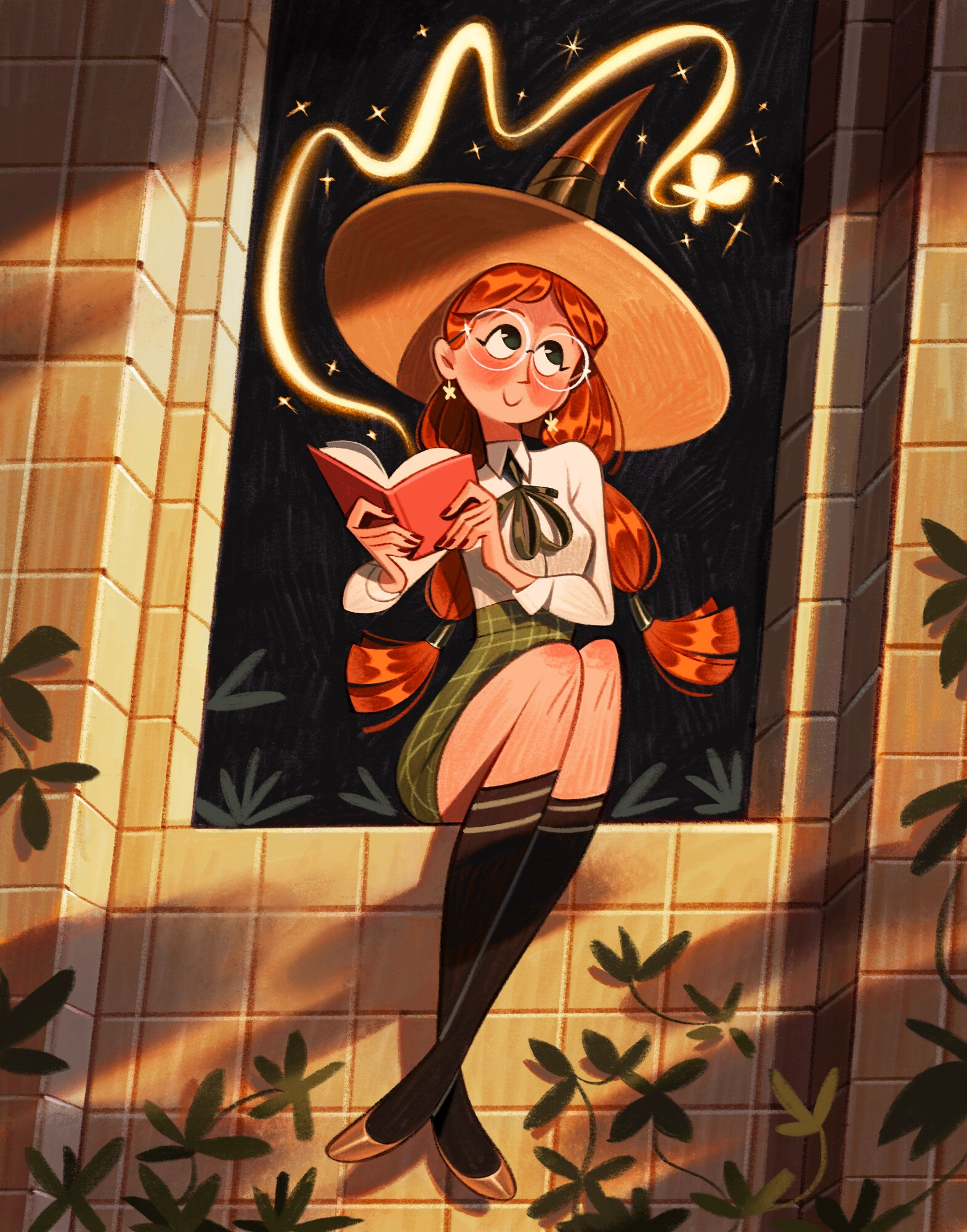 A red haired white woman wearing a school uniform and a large pointy hat sits by a windowsill, holding a book and staring up, smiling, at a glowing butterfly that jumped out of the pages and is flying above her 
