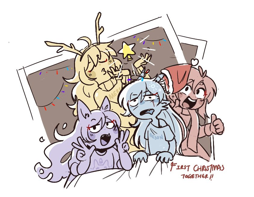Art of the RWBY girls waking a distraught-looking Weiss up for Christmas. 
