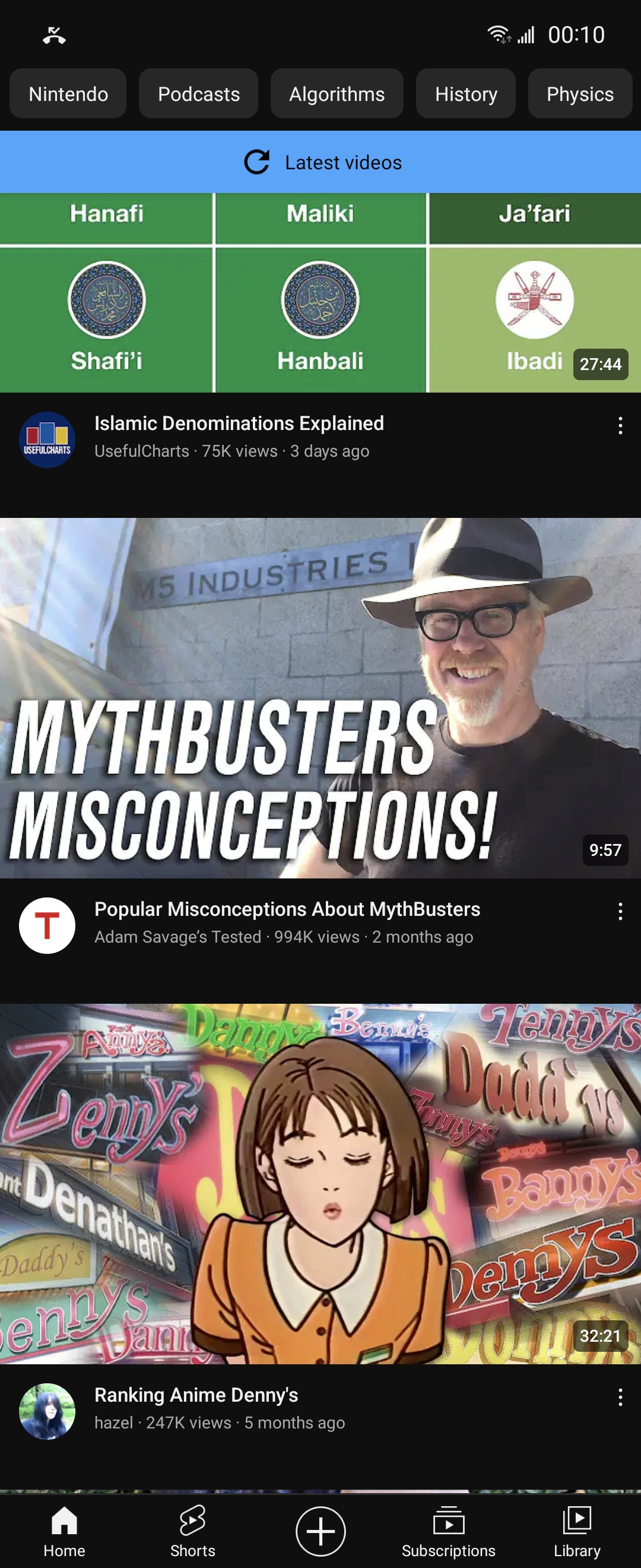 A mobile screenshot of the Youtube home page showing three videos: "Islamic Denominations Explained" by Useful Charts, "Popular Misconceptions About Mythbusters" by Adam Savage's Tested, and "Ranking Anime Denny's" by hazel
