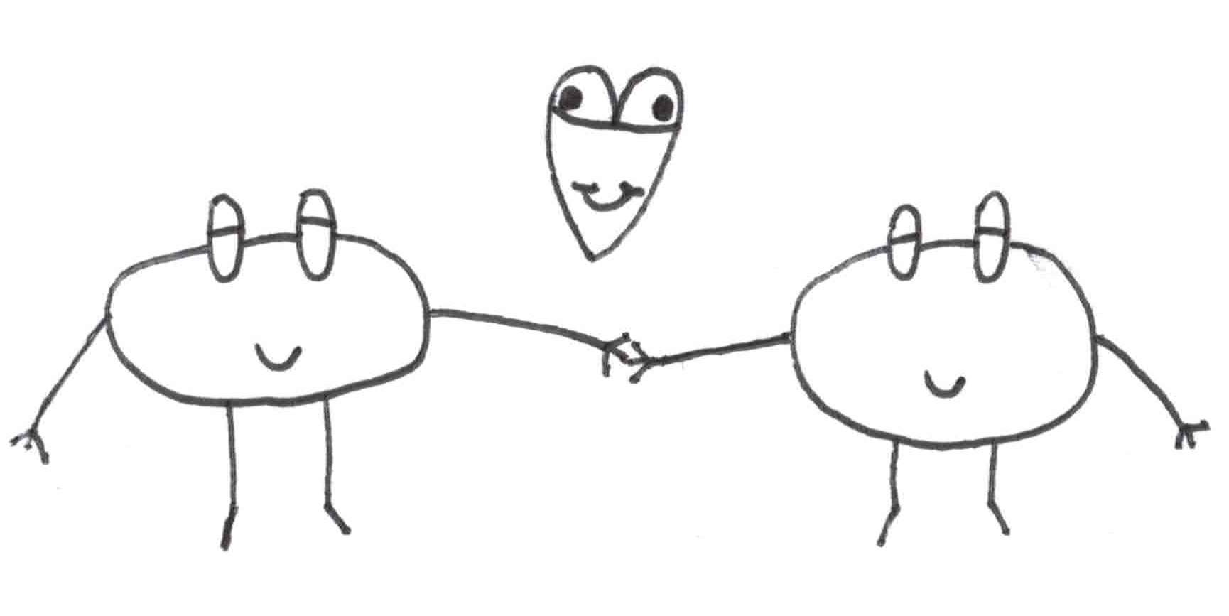 Two beans holding hands while a smiling heart looks on