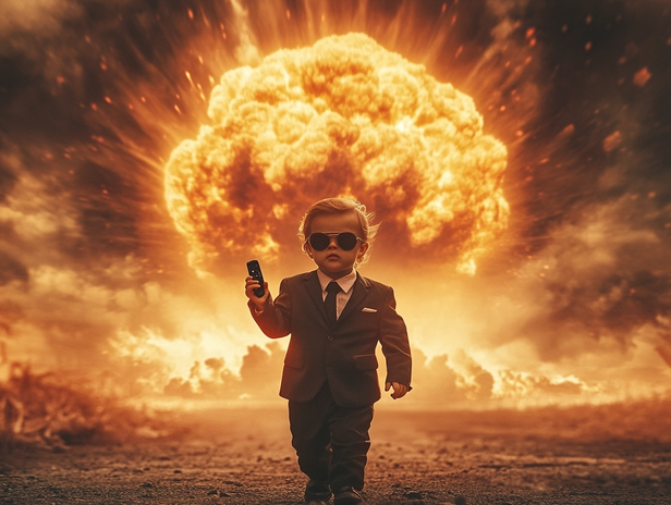 A toddler walking away from a mushroom cloud explosion in the background. 