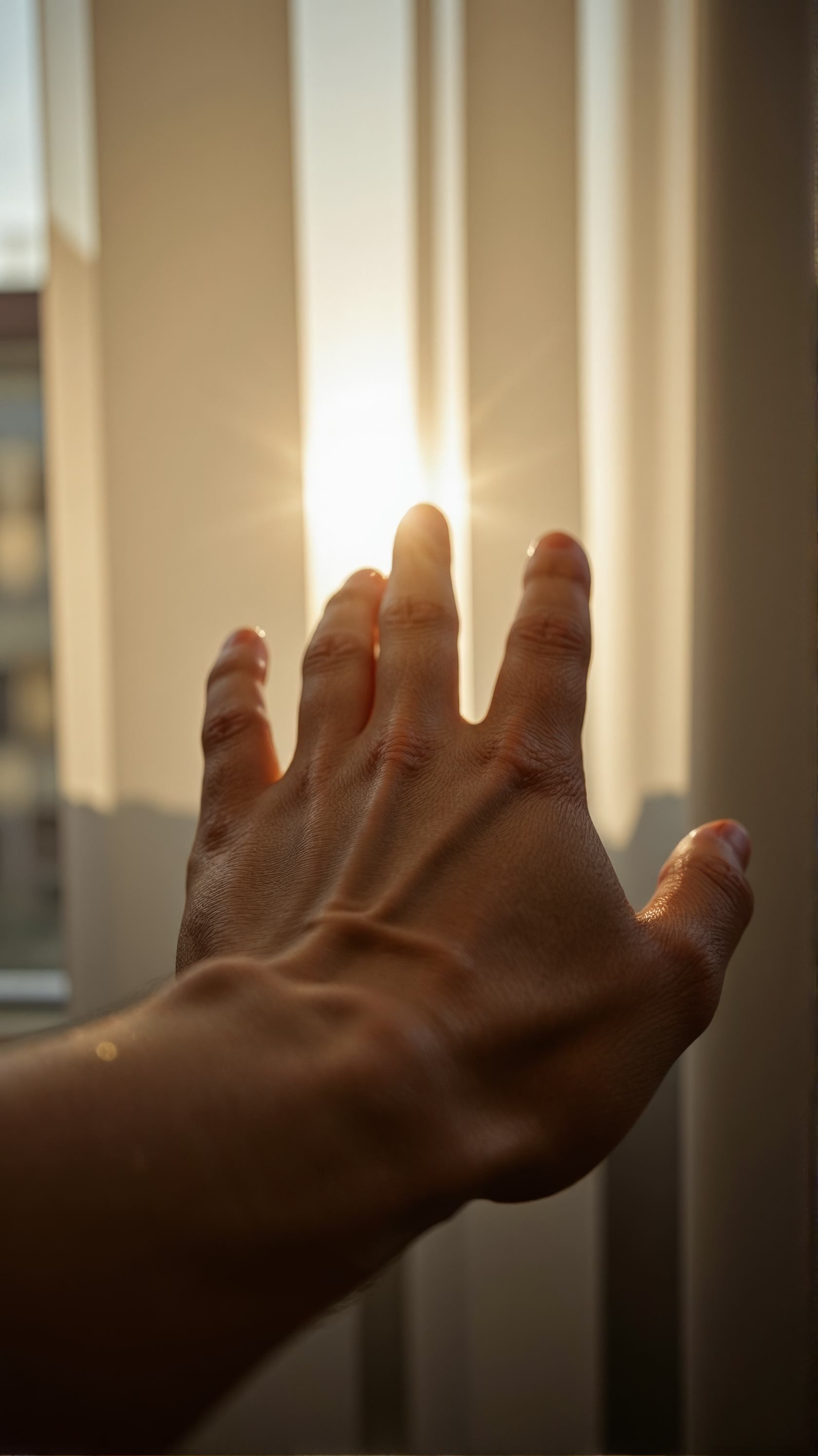 A close-up of a human hand reaching toward vertical window blinds, with sunlight streaming dramatically through the slats. 
