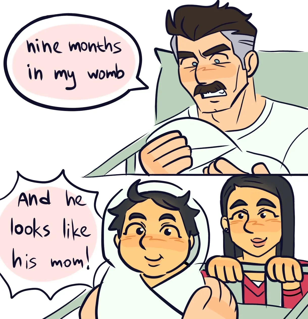 Nolan holding Mark saying the caption in title, while Debbie Grayson makes the same face Mark is making for his dad.