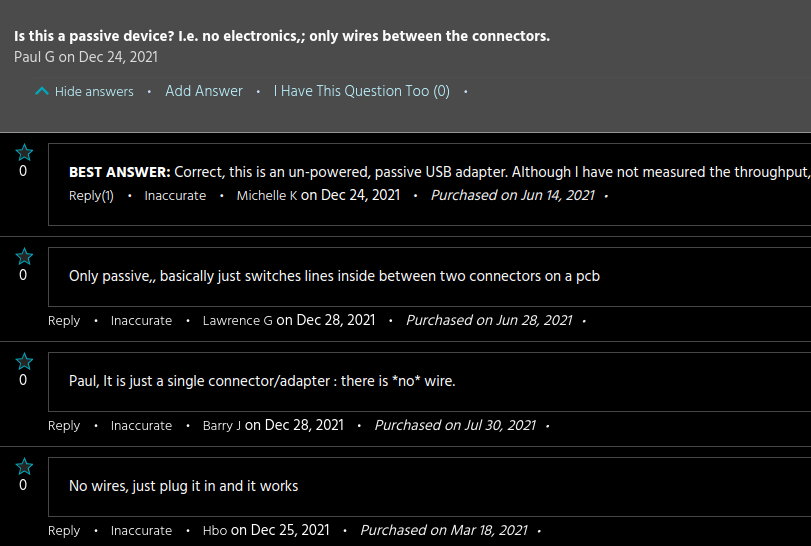 A screenshot of a QA thread from the aforementioned monoprice product page. Paul G. asks: "Is this a passive device? I.e. no electronics,; only wires between the connectors.". Michelle K responds: "Correct, this is an un-powered, passive USB adapter. Although I have not measured the throughput, it works as advertised."