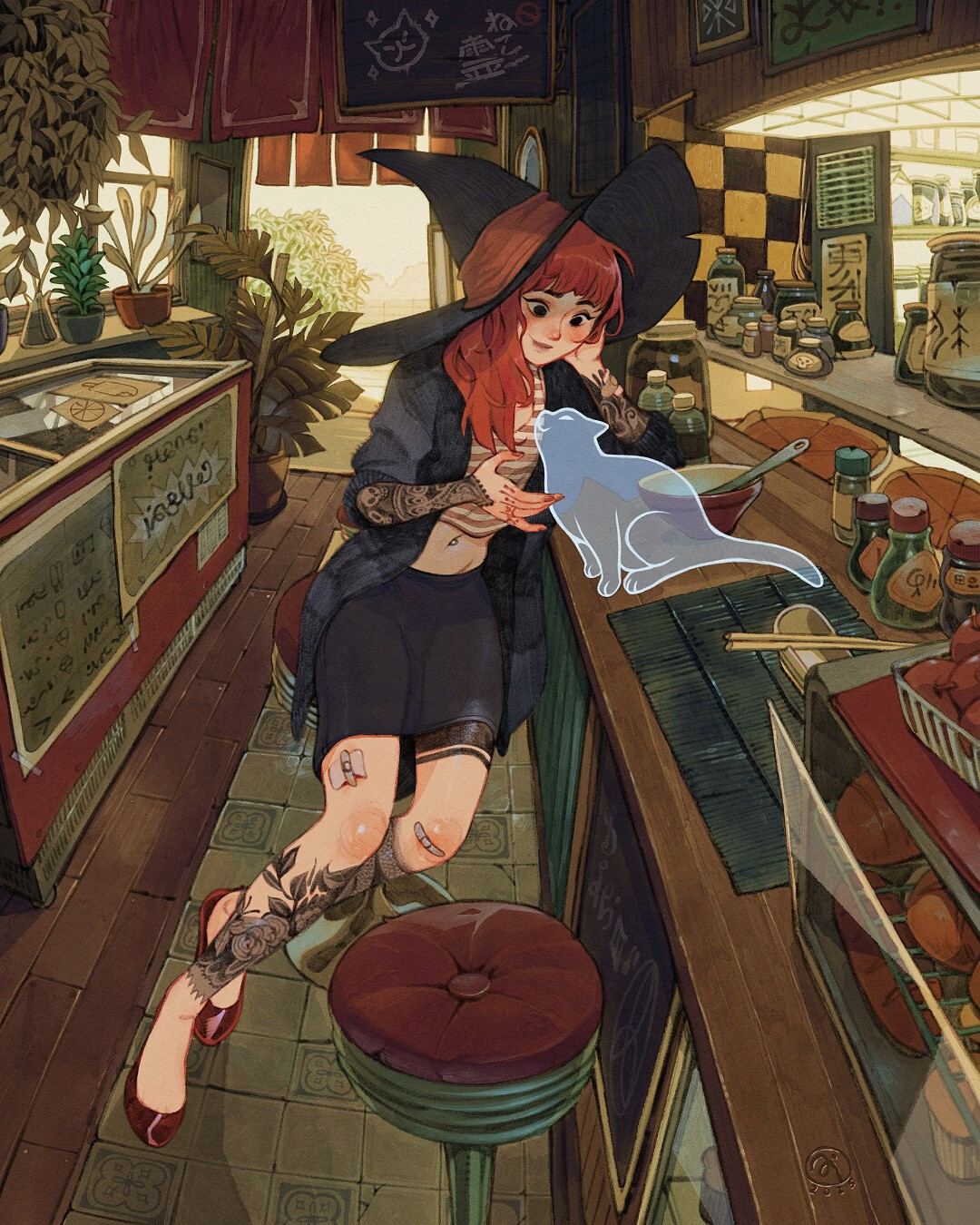 A witch petting a ghost cat while eating their meal at a bar.