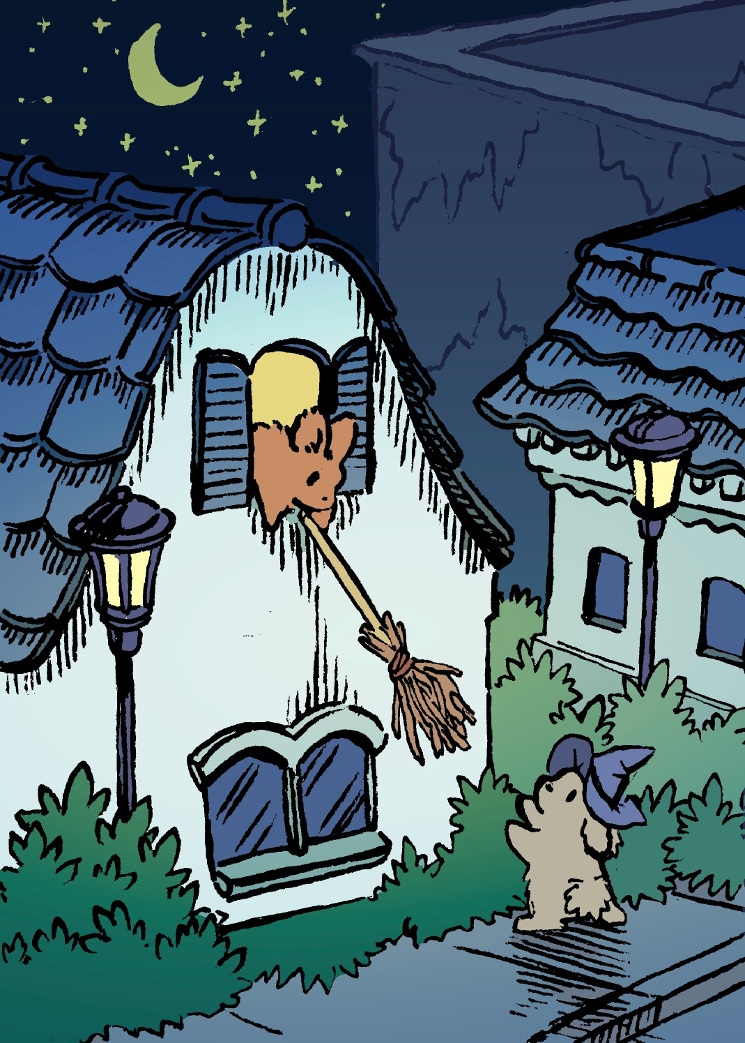 From the second story window of a cottage, a bunny passes a broom down to a Bunny Witch. The witch accepts it happily. It is the dead of night; the 'witching hour'.
