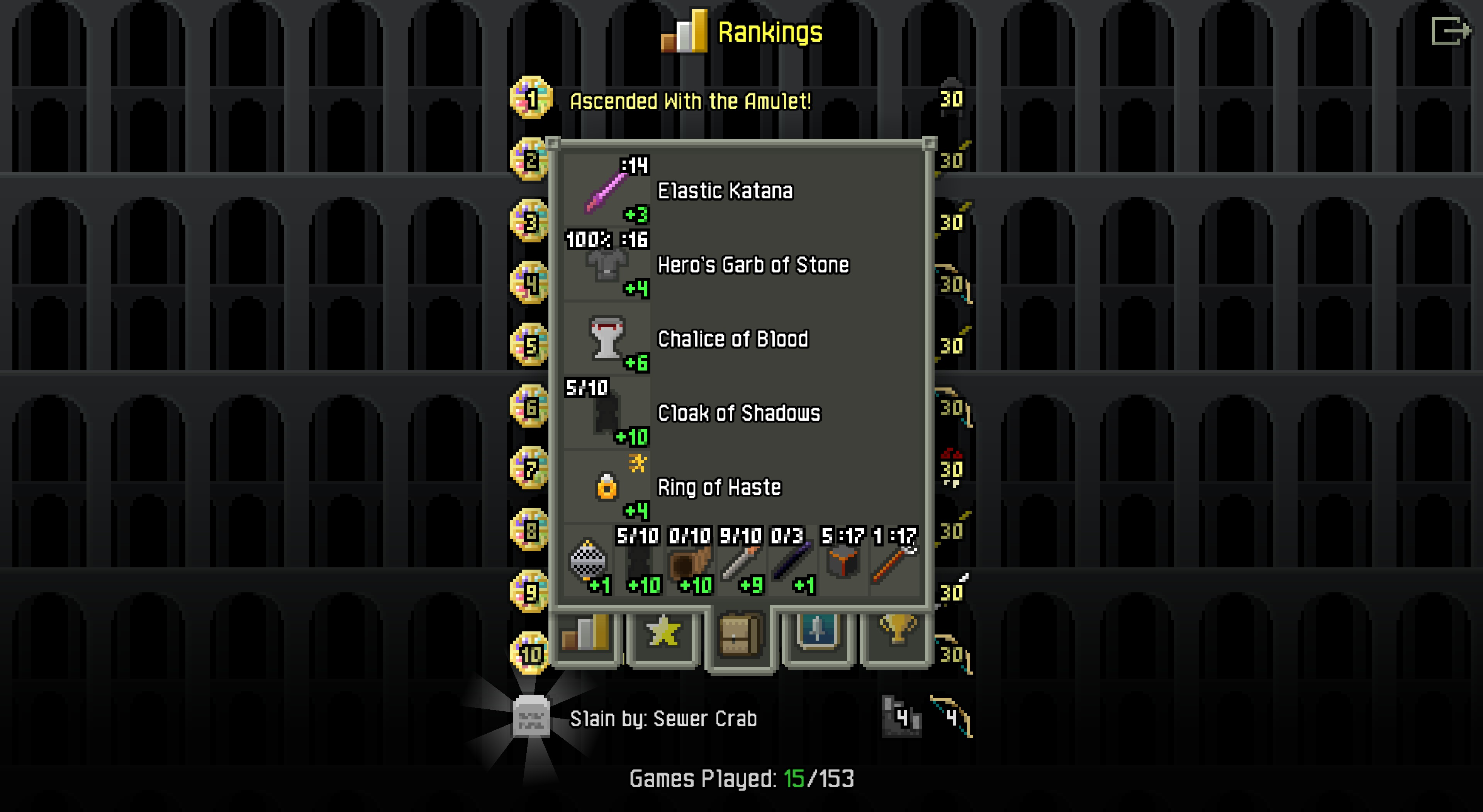 Assassin's loadout: Elastic Katana +3, Hero's Garb of Stone (Plate) +4, Chalice of Blood +6, Cloak of Shadows +10, Ring of Haste +4; Chaotic Censer +1, Horn of Plenty +10, Wand of Corrosion +9