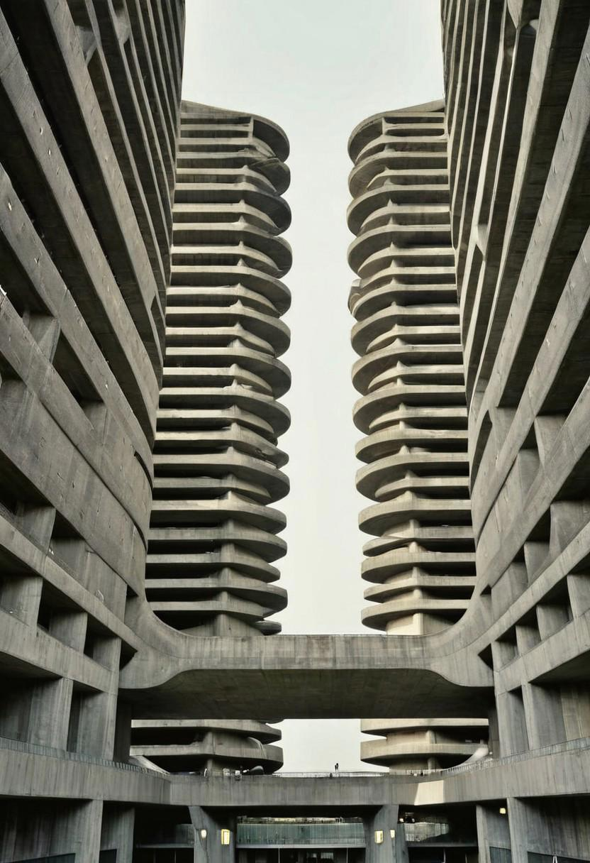A dramatic example of Brutalist architecture, featuring four tall concrete towers with distinctive curved, stacked balconies that create a spine-like appearance. The buildings face each other across a central void, the ones in the foreground are connected by at least two horizontal concrete walkways. Shot from a low angle looking upward, the perspective emphasizes the imposing scale and geometric patterns of the structures against a pale sky.