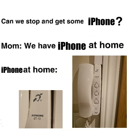 Text:
Can we stop and get some iPhone?
Mom: We have iPhone at home
iPhone at home:

Image:
A phone to open the door called "Aiphone"