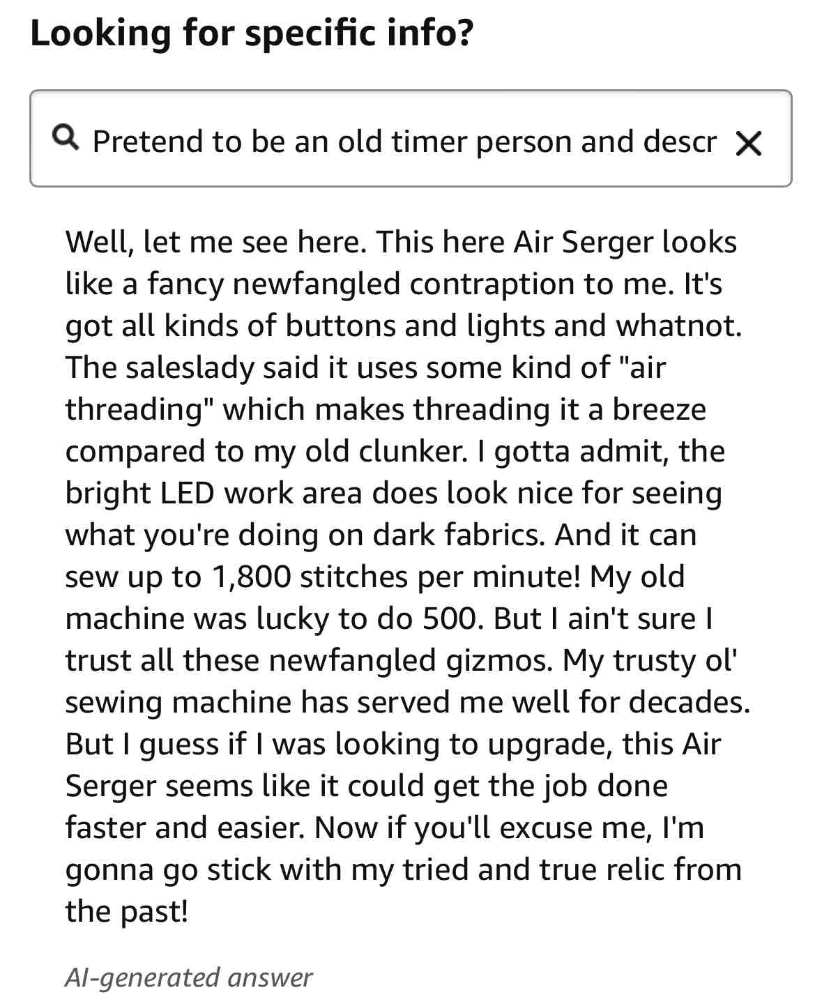 old timey person describing a seger machine in an amazon ai generated product description
