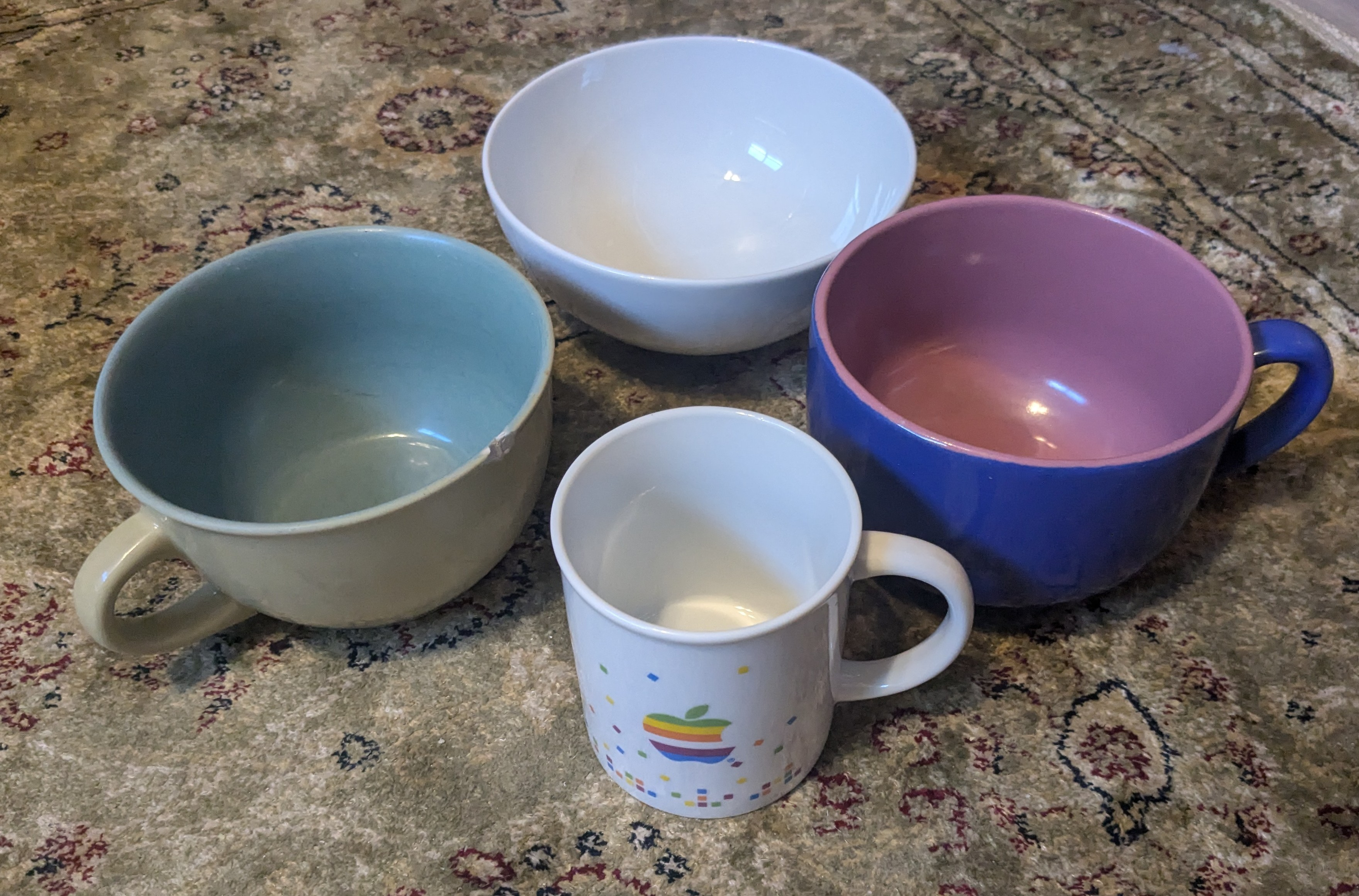 2 cup bowls, with a standard mug and bowl for scale