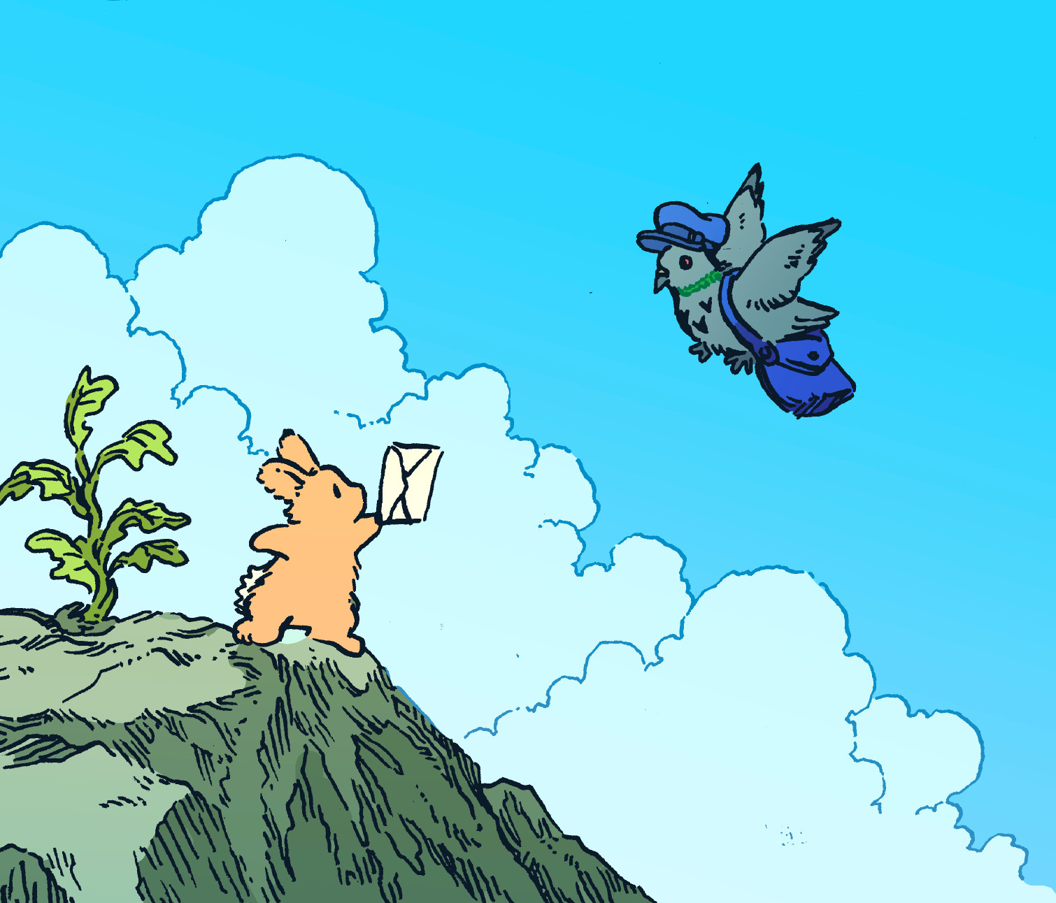 A bunny at the top of a rocky outcropping holds a letter out to the sky, where a 'carrier' pigeon (actually just a normal pigeon with a postal worker outfit) flies in to pick it up for him. The pigeon has both a cap and a mailbag