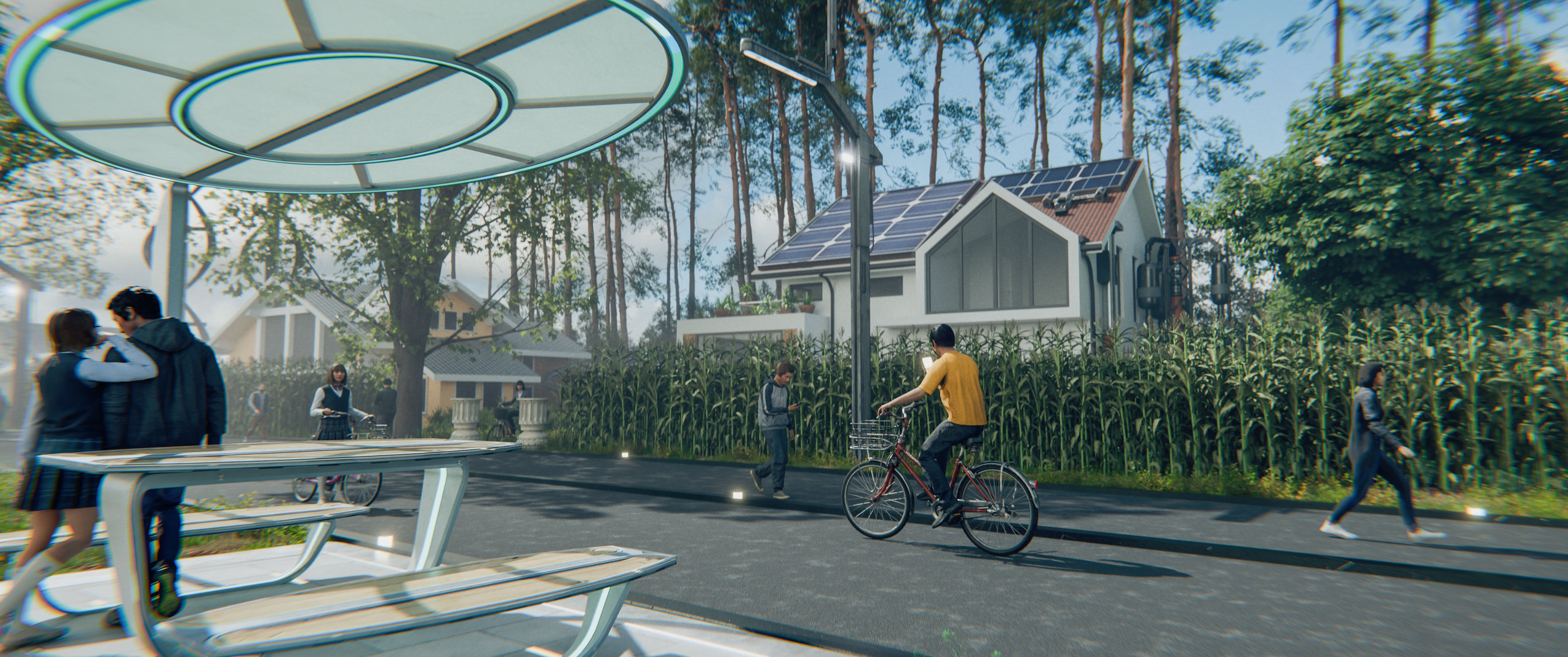 sight into a neighbourhood as 3D rendering. the camera is on roughly eye level. there are Trees and 2 houses in the back with Solarpanels. they are enclosed by corn fields. in front of it is an asphalt street with lanterns, but the people on it walk and ride bike. in the front left is a sitting area with benches and a table, it could also be seen as bus-stop.