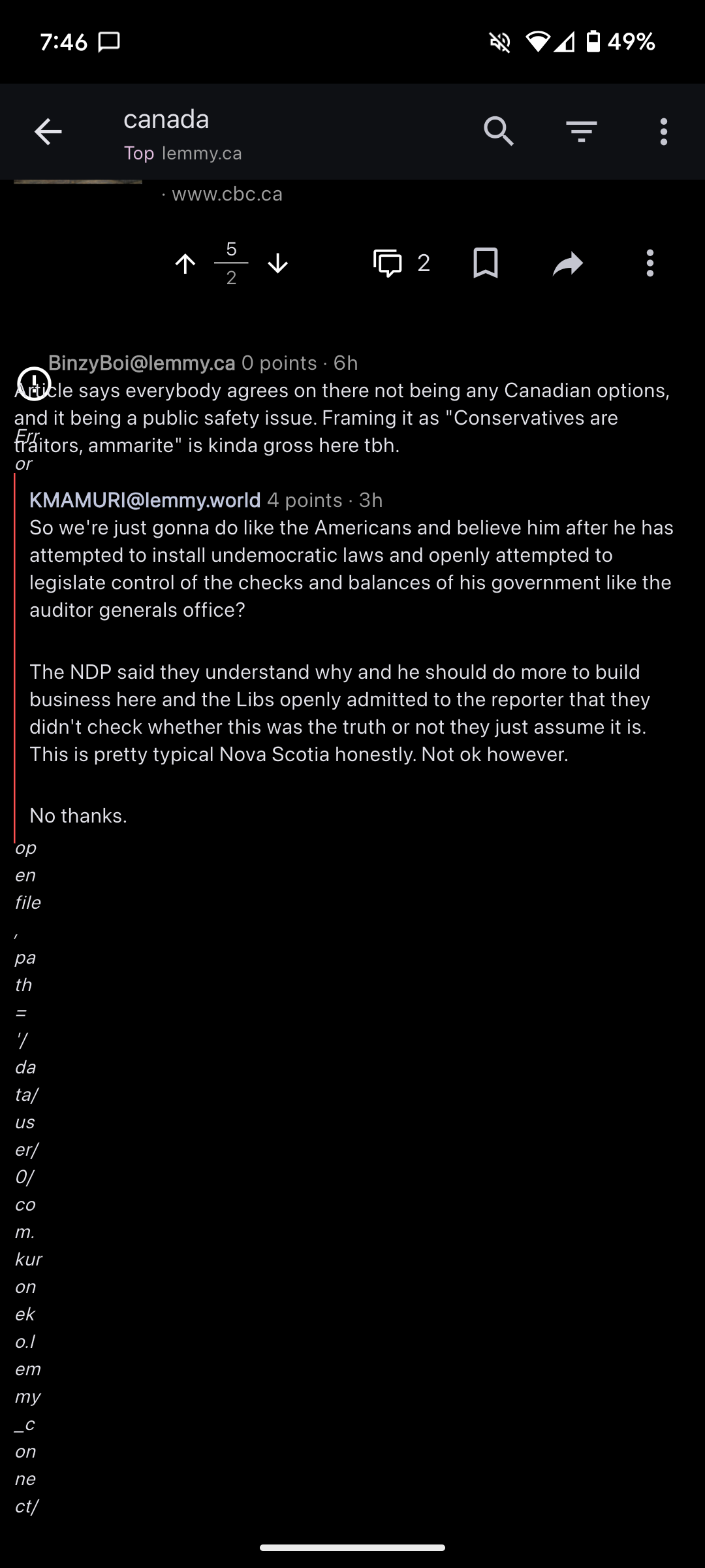 Screenshot of profile error message showing it overlapping comments in a narrow band on the left side of the screen.