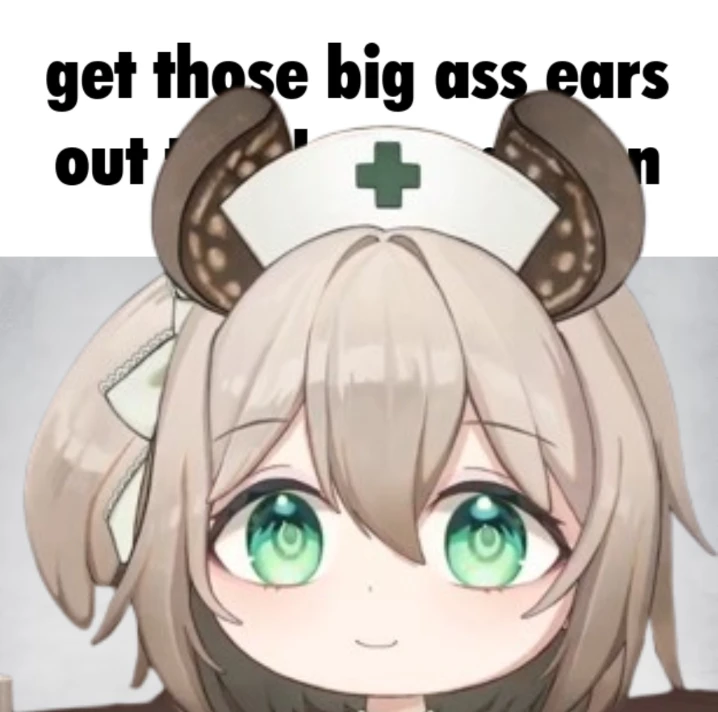 A meme saying "get those big ass ears out" with the rest of the text being obscured by Nimi's ears.