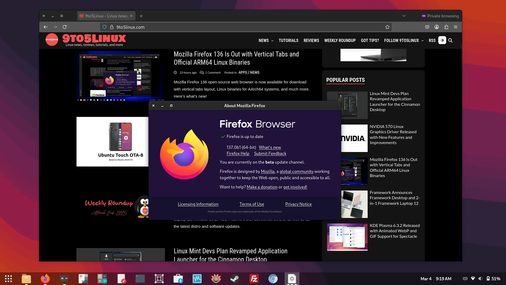 Screenshot of Firefox 137 beta showing the 9to5linux.com website and the About Mozilla Firefox dialog.
