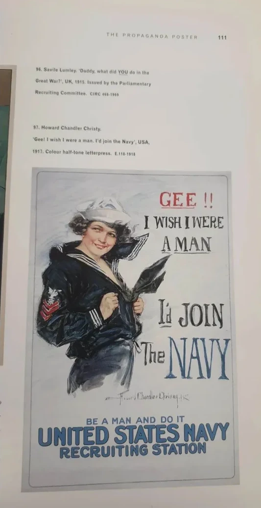 The image is a display of an old propaganda poster. It pictures a transman dressed in a navy uniform with the text "GEE!! I wish I were A MAN" followed by "I'd JOIN the NAVY" and then finally  "Be a man and do it UNITED STATES NAVY RECRUITING STATION"