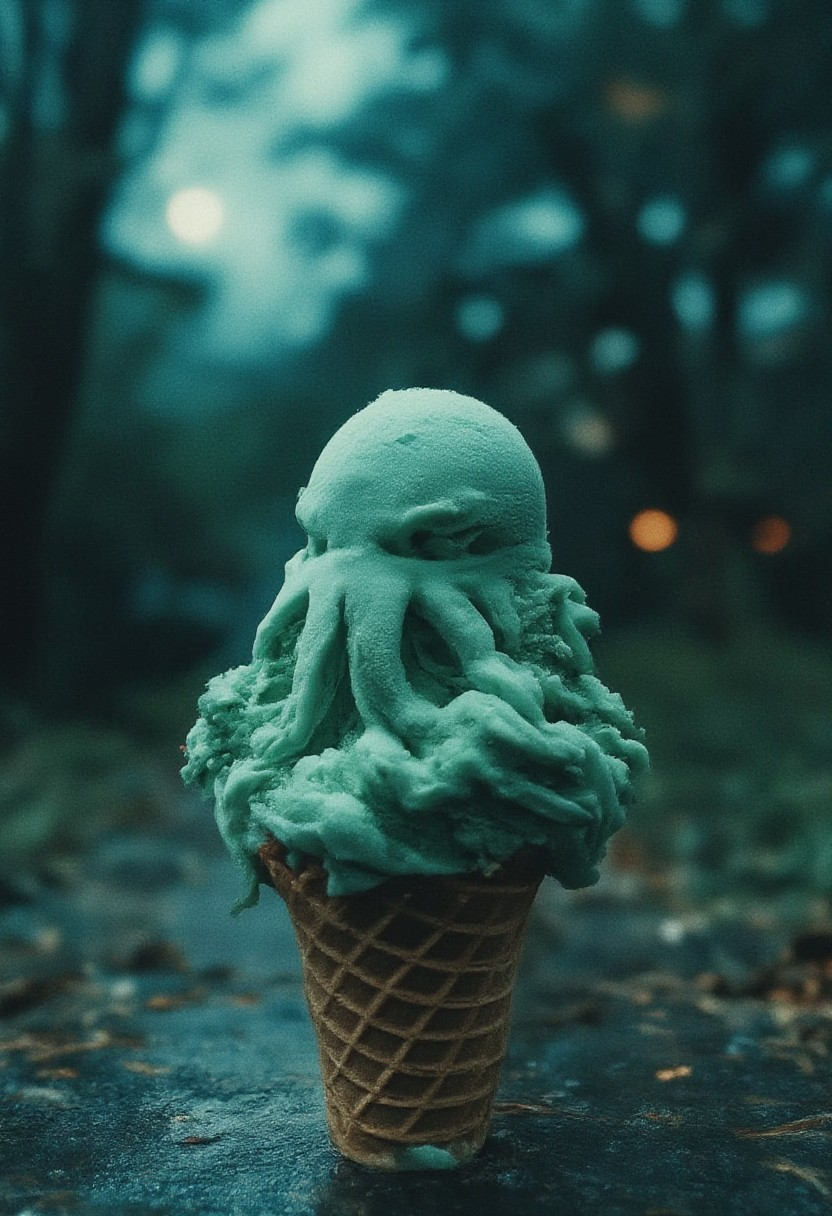 An ice cream cone of mint-colored ice cream in a traditional waffle cone artfully sculpted to resemble a Cthulhu-like creature. The surface beneath the cone appears to be wet concrete, with a moody, teal-tinted twilight background of blurred bokeh lights creating depth. The overall color palette is dominated by aquatic blues and greens, enhancing the marine theme of the dessert.