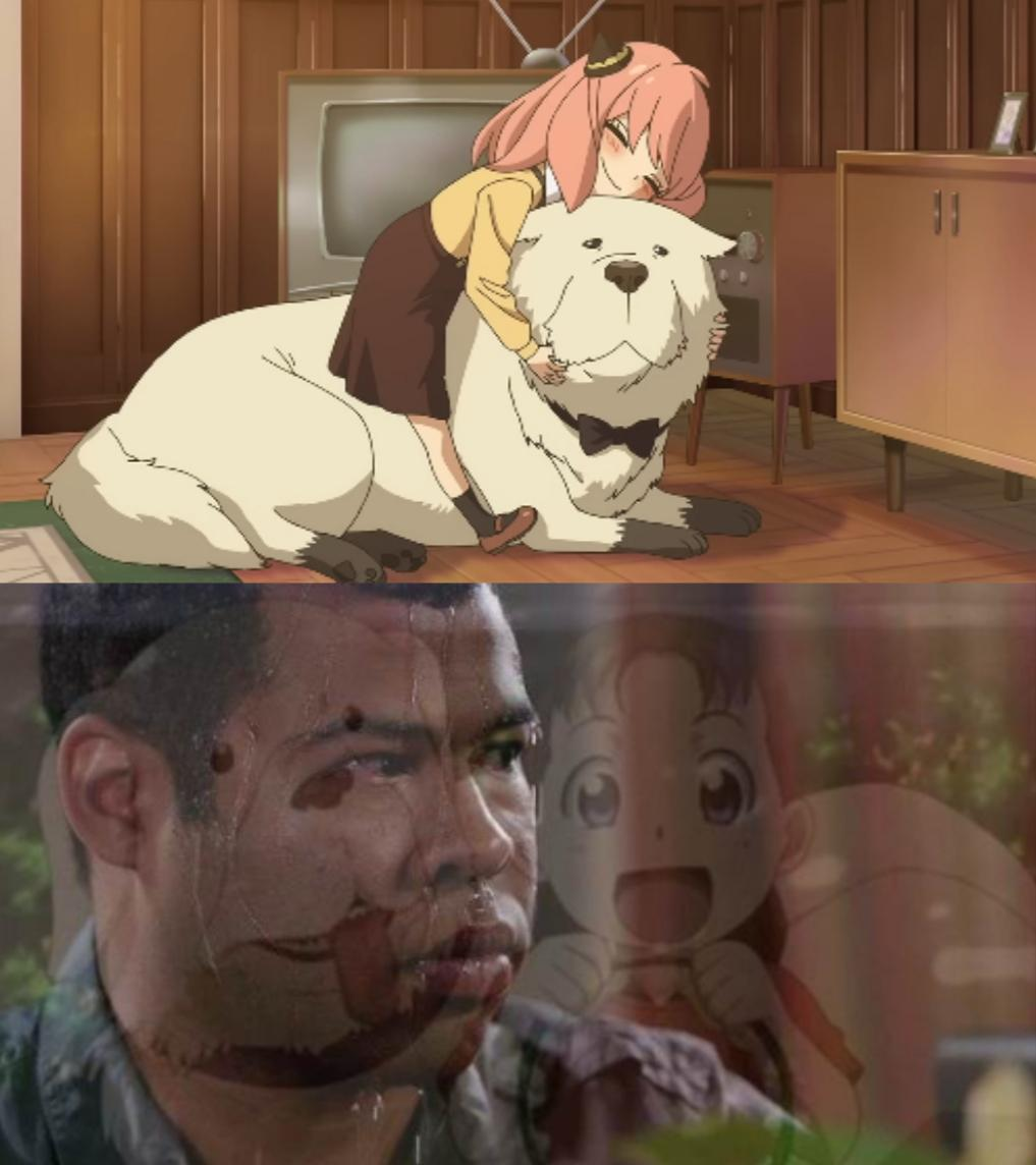 Top image shows Anya with her dog, Bond. Bottom image shows a man sweating, thinking about the child and dog from Fullmetal Alchemist.