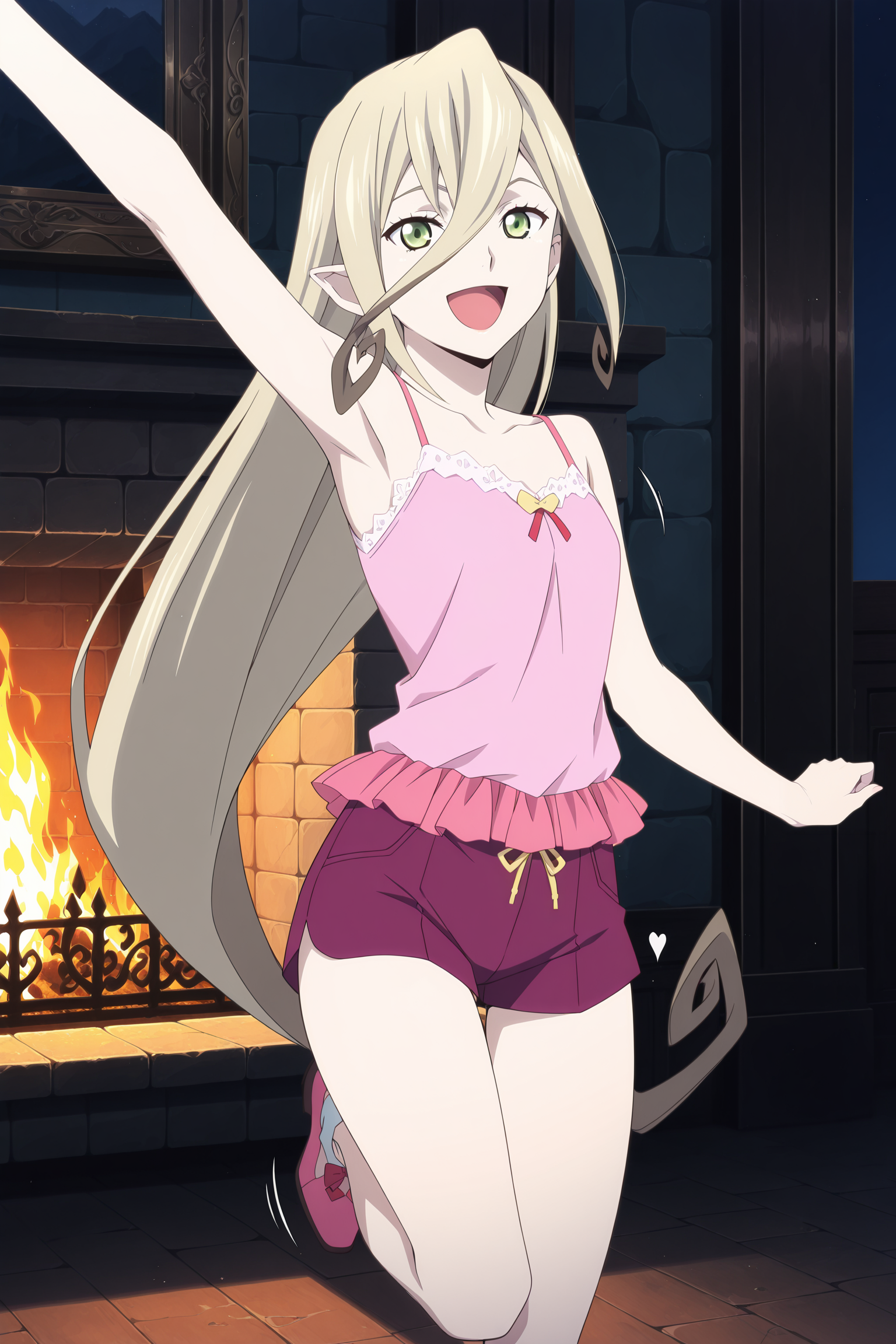 A woman with long, pale blonde hair, green eyes, and pointed elf-like ears strikes an energetic and playful pose with one outstretched arm and a wide, cheerful smile in front of a lit fireplace in a room. Dressed in pink pajamas consisting of a lace-trimmed, ruffled top and shorts.