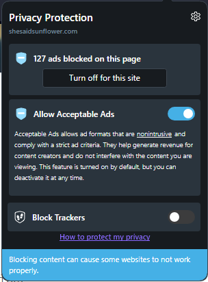 Screenshot of a plug-in which has blocked ”127 ads" on this page