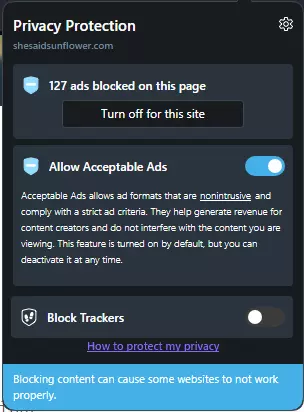 Screenshot of a plug-in which has blocked ”127 ads&quot; on this page