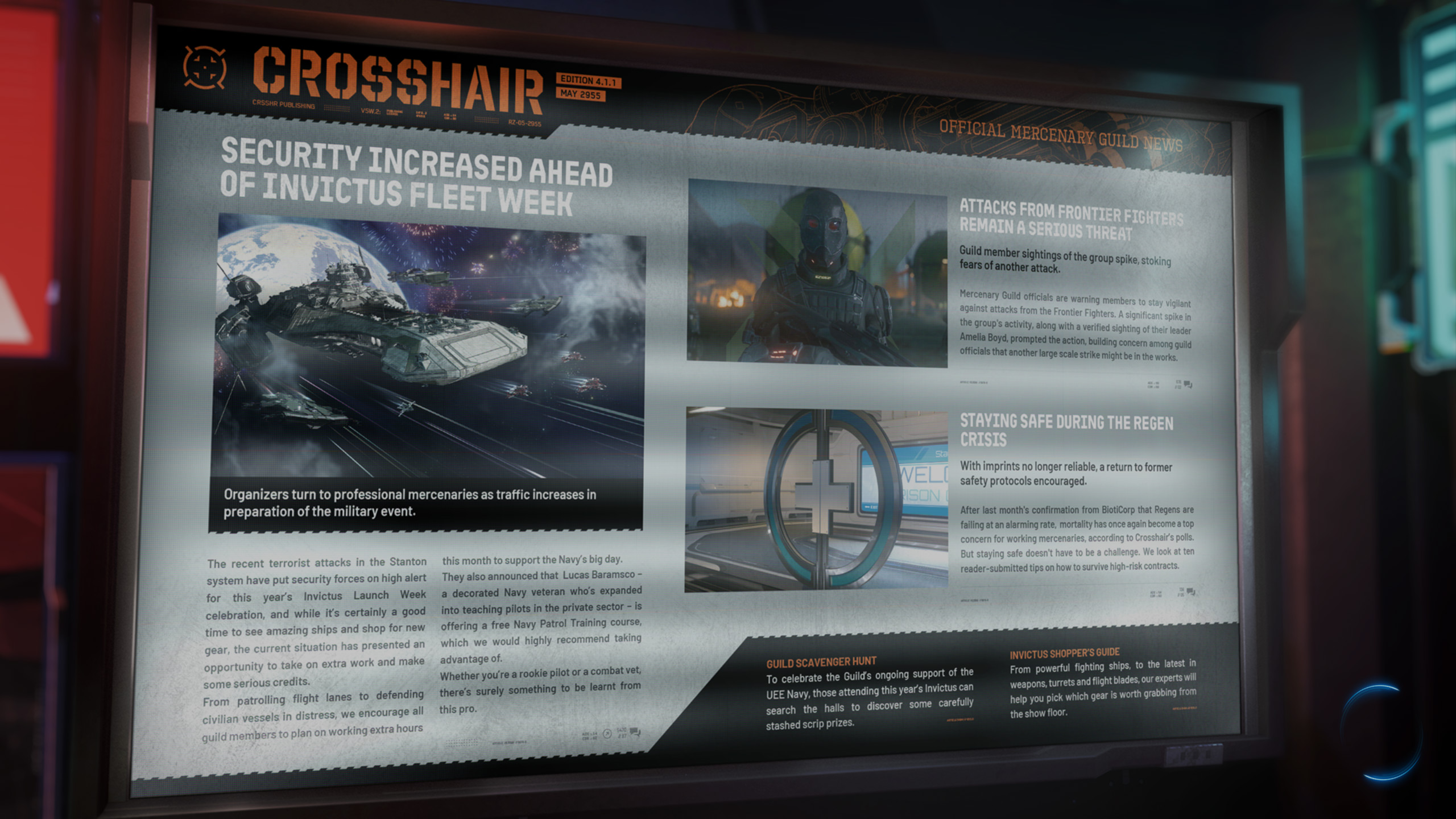 Loading screen of 4.1.1. Shows some news articles about security increasing leading up to Invictus Fleet Week.